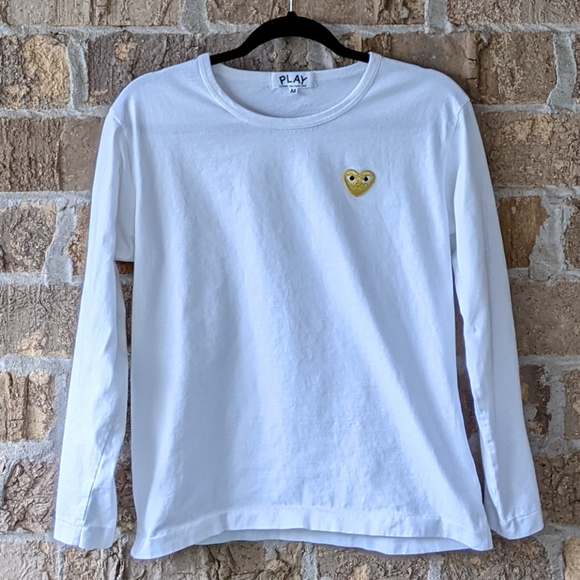 Comme des Garcons Tops - PLAY Comme des Garcons White Long Sleeve T-Shirt Gold Heart Embroidered Eyes MED
